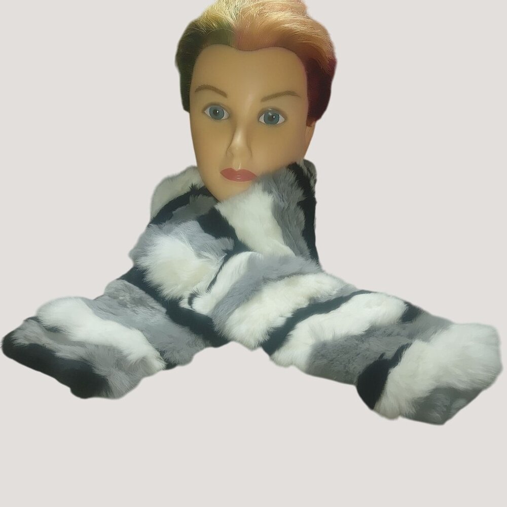 Love Token Scarf Black White Grey Kathleen Rabbit Pull Through OS Rex Rabbit Fur